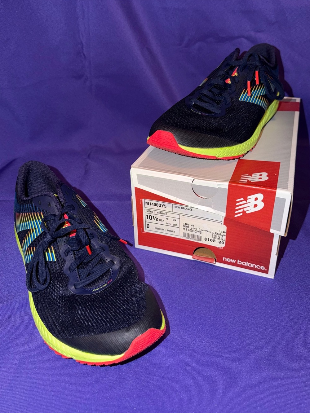 New Balance 1400 V5 Men's Running Shoes Navy, Neon Yellow, & Orange Size 10.5